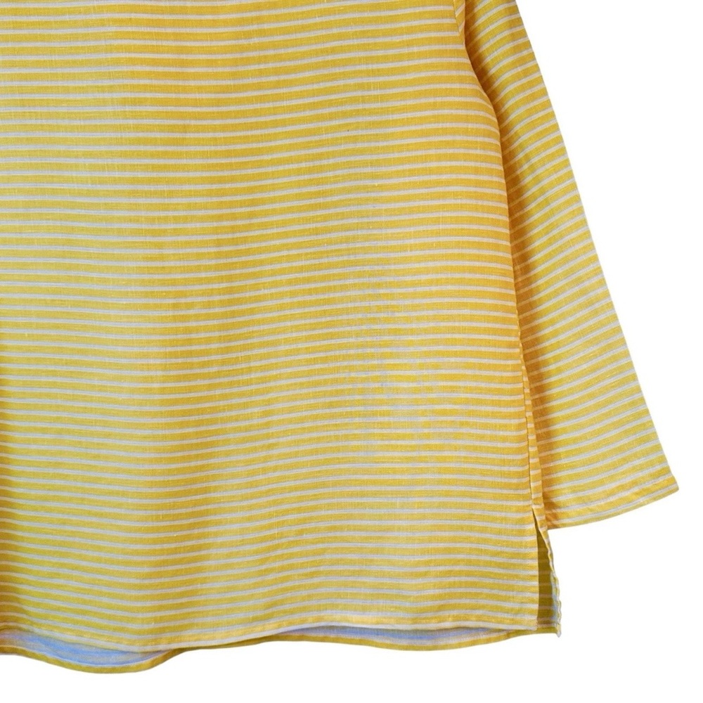 Talbots M Linen Top Yellow White Stripe V Notch Embroidery Beaded Coastal Beach - Picture 12 of 13